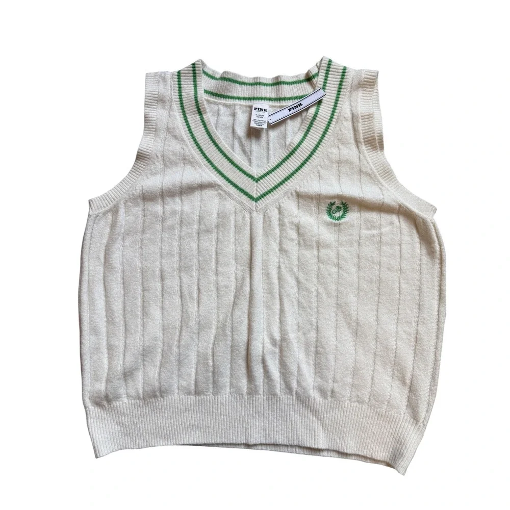 Victoria's Secret PINK Sweater Vest Cream Green Varsity Collegiate V-Neck XL NEW